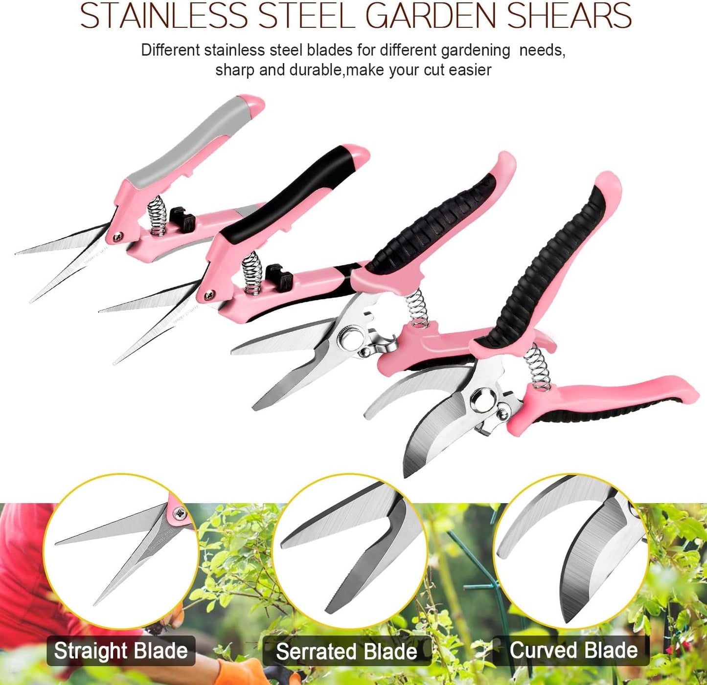 3 Pack Garden Pruning Shears Stainless Steel Blades Handheld Pruners Set with Gardening Gloves