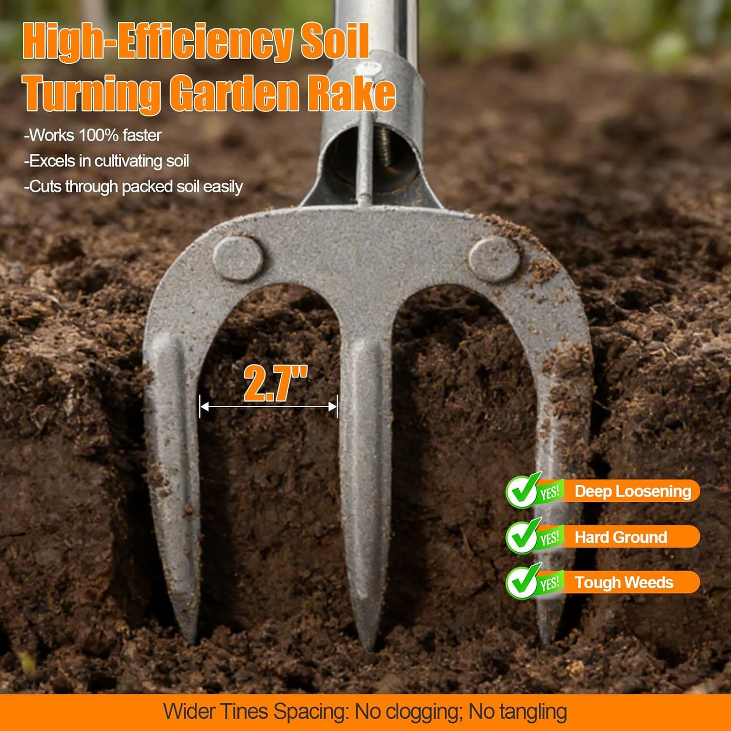 78" Long Handle Garden Rake, No Bend Standing Weeding Tool, Heavy Duty 3-Tine Cultivator with Carbon Steel Head, Hand Tiller for Digging, Loosening Soil & Planting