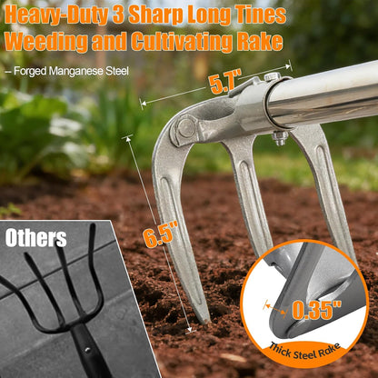 78" Long Handle Garden Rake, No Bend Standing Weeding Tool, Heavy Duty 3-Tine Cultivator with Carbon Steel Head, Hand Tiller for Digging, Loosening Soil & Planting
