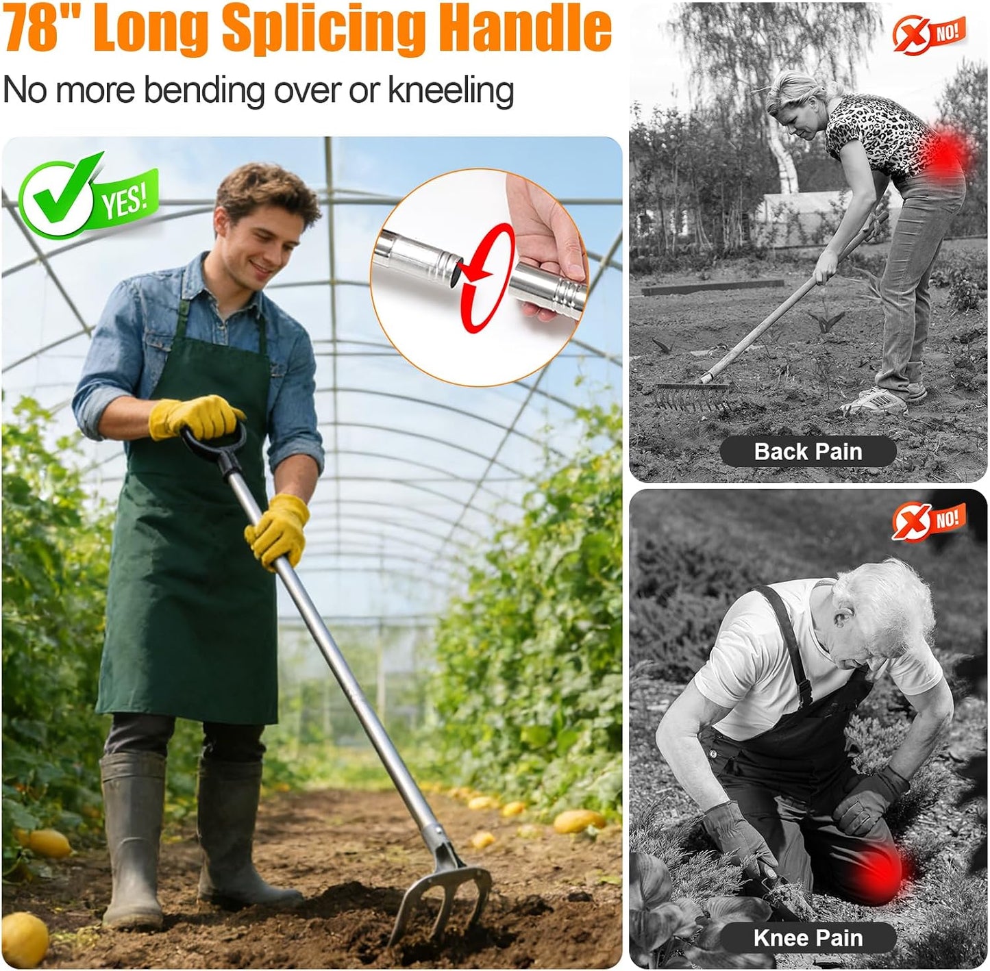 78" Long Handle Garden Rake, No Bend Standing Weeding Tool, Heavy Duty 3-Tine Cultivator with Carbon Steel Head, Hand Tiller for Digging, Loosening Soil & Planting