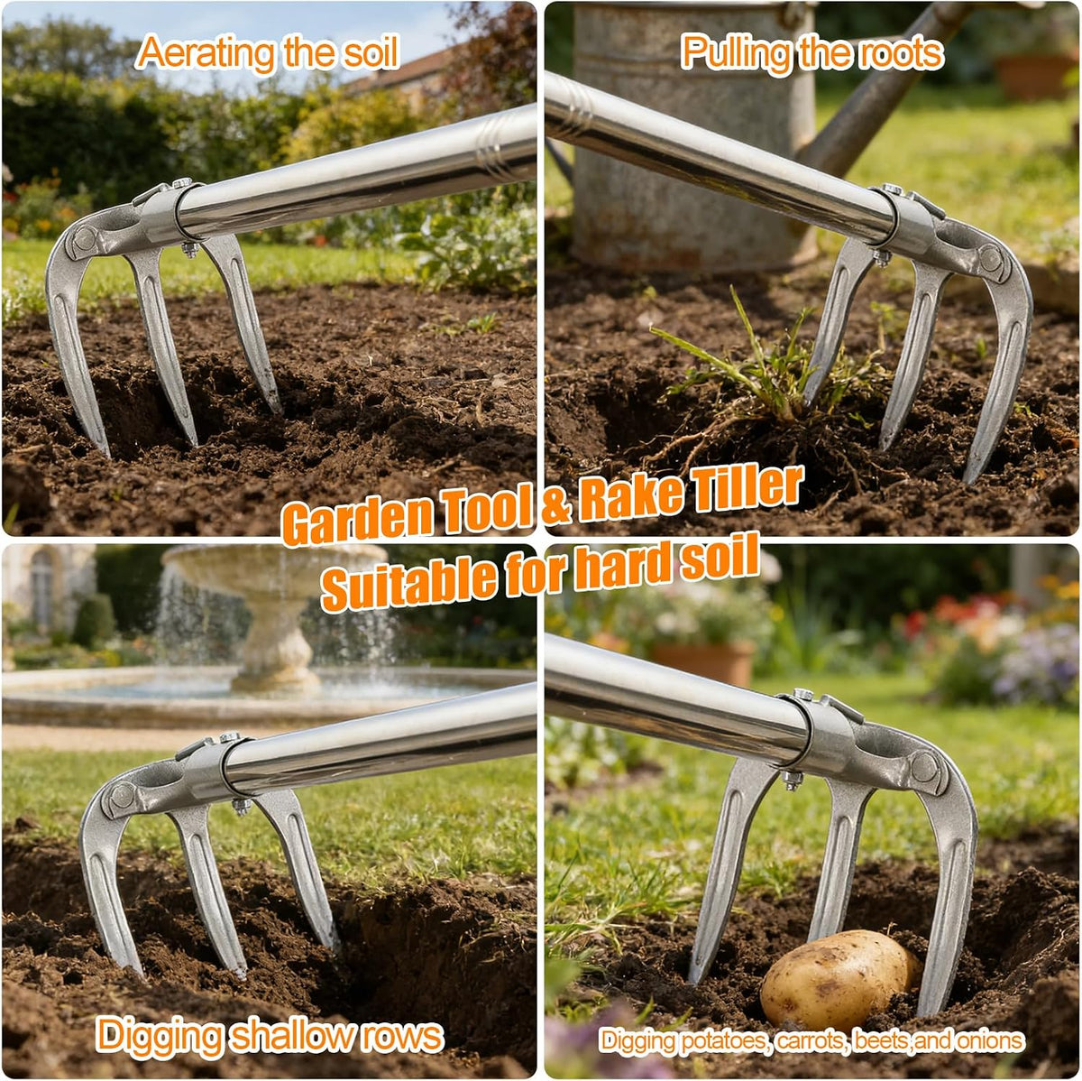 78" Long Handle Garden Rake, No Bend Standing Weeding Tool, Heavy Duty 3-Tine Cultivator with Carbon Steel Head, Hand Tiller for Digging, Loosening Soil & Planting