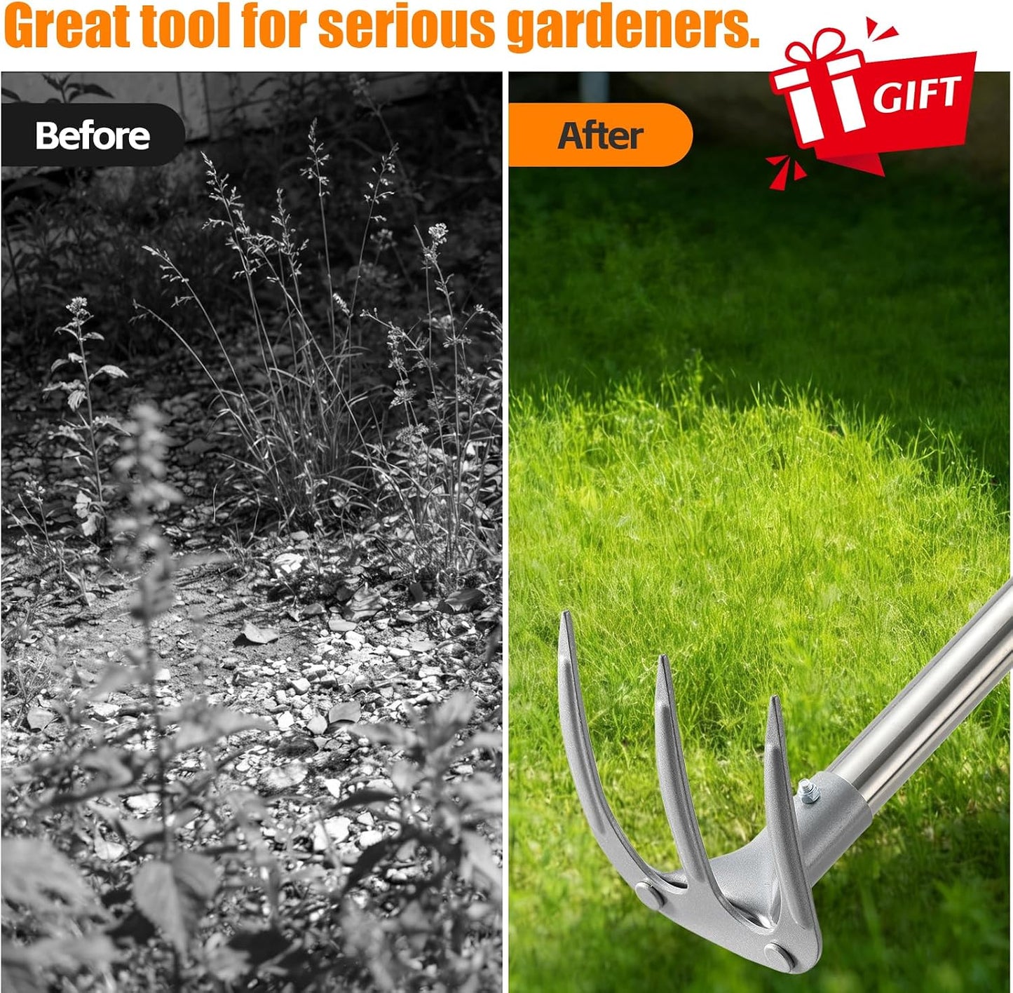 78" Long Handle Garden Rake, No Bend Standing Weeding Tool, Heavy Duty 3-Tine Cultivator with Carbon Steel Head, Hand Tiller for Digging, Loosening Soil & Planting