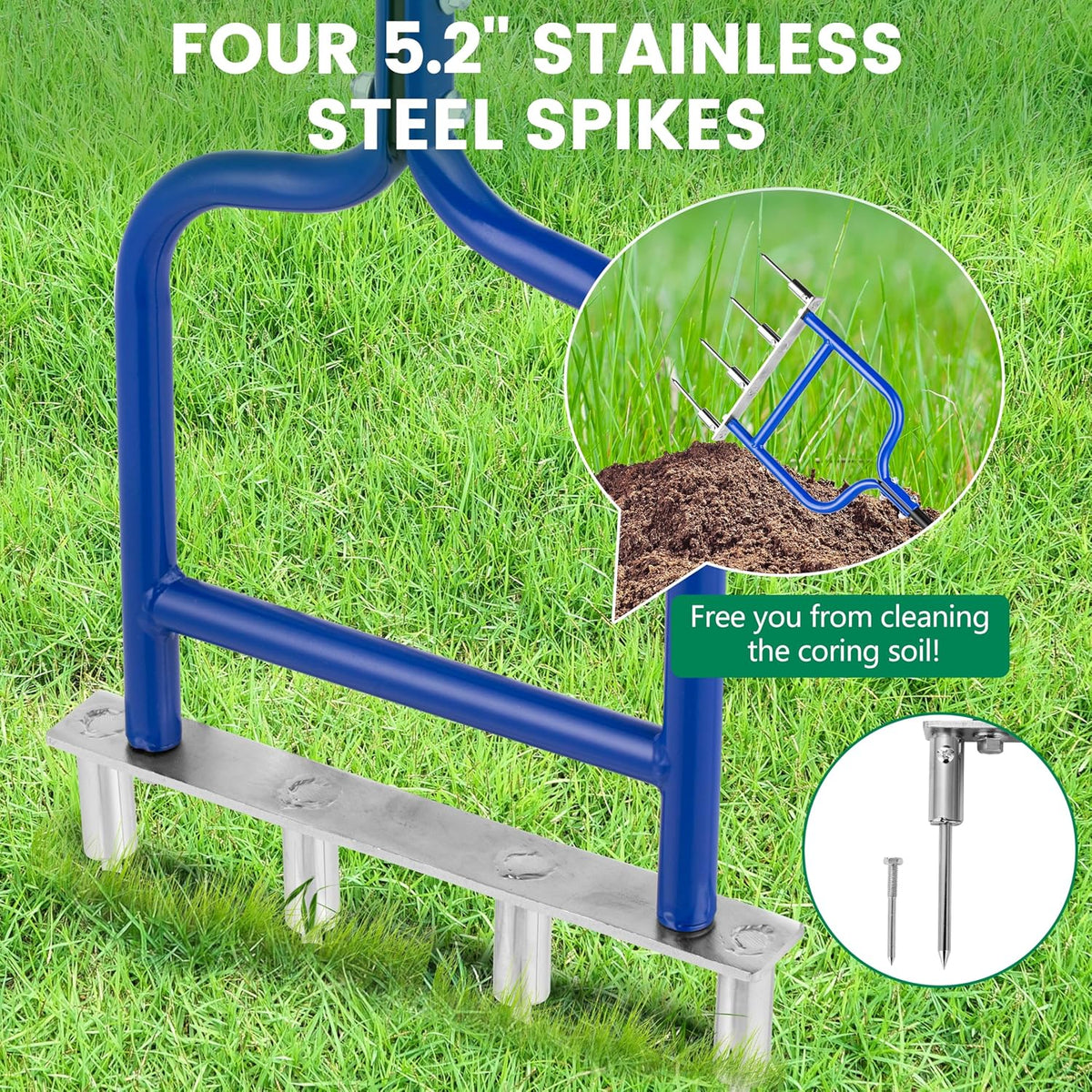 Spike Tine Fork Lawn Aerator - Four 5.2'' Stainless Steel Spikes Manual Gardening Hand Tool - Grass Dethatcher Aerator Lawn Tool with Solid Tines for Compacted Soil - Lawn Plugger Aerator.