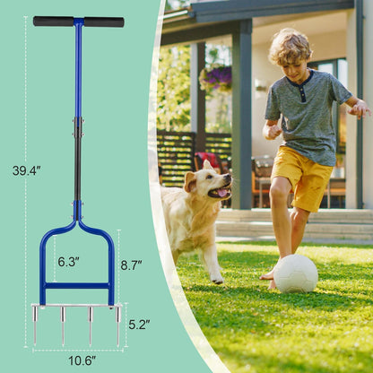 Spike Tine Fork Lawn Aerator - Four 5.2'' Stainless Steel Spikes Manual Gardening Hand Tool - Grass Dethatcher Aerator Lawn Tool with Solid Tines for Compacted Soil - Lawn Plugger Aerator.
