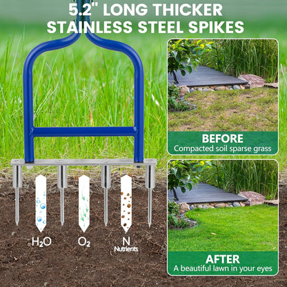 Spike Tine Fork Lawn Aerator - Four 5.2'' Stainless Steel Spikes Manual Gardening Hand Tool - Grass Dethatcher Aerator Lawn Tool with Solid Tines for Compacted Soil - Lawn Plugger Aerator.