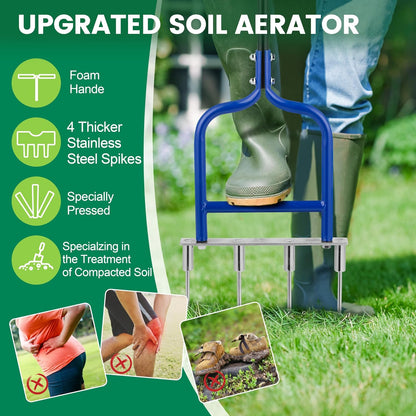 Spike Tine Fork Lawn Aerator - Four 5.2'' Stainless Steel Spikes Manual Gardening Hand Tool - Grass Dethatcher Aerator Lawn Tool with Solid Tines for Compacted Soil - Lawn Plugger Aerator.