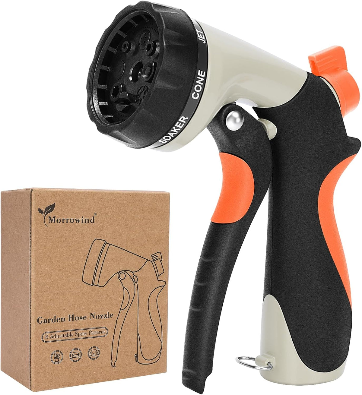 Garden Hose Nozzle, Heavy Duty Metal Water Nozzle with 8 Adjustable Spray Patterns, High Pressure Ergonomic Flow Control for Watering Plants, Lawns, Washing Cars, Pets, Black with Orange