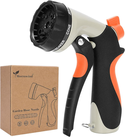 Garden Hose Nozzle, Heavy Duty Metal Water Nozzle with 8 Adjustable Spray Patterns, High Pressure Ergonomic Flow Control for Watering Plants, Lawns, Washing Cars, Pets, Black with Orange