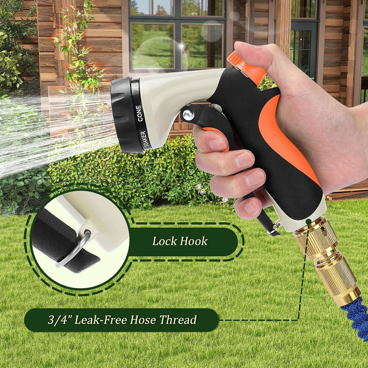 Garden Hose Nozzle, Heavy Duty Metal Water Nozzle with 8 Adjustable Spray Patterns, High Pressure Ergonomic Flow Control for Watering Plants, Lawns, Washing Cars, Pets, Black with Orange