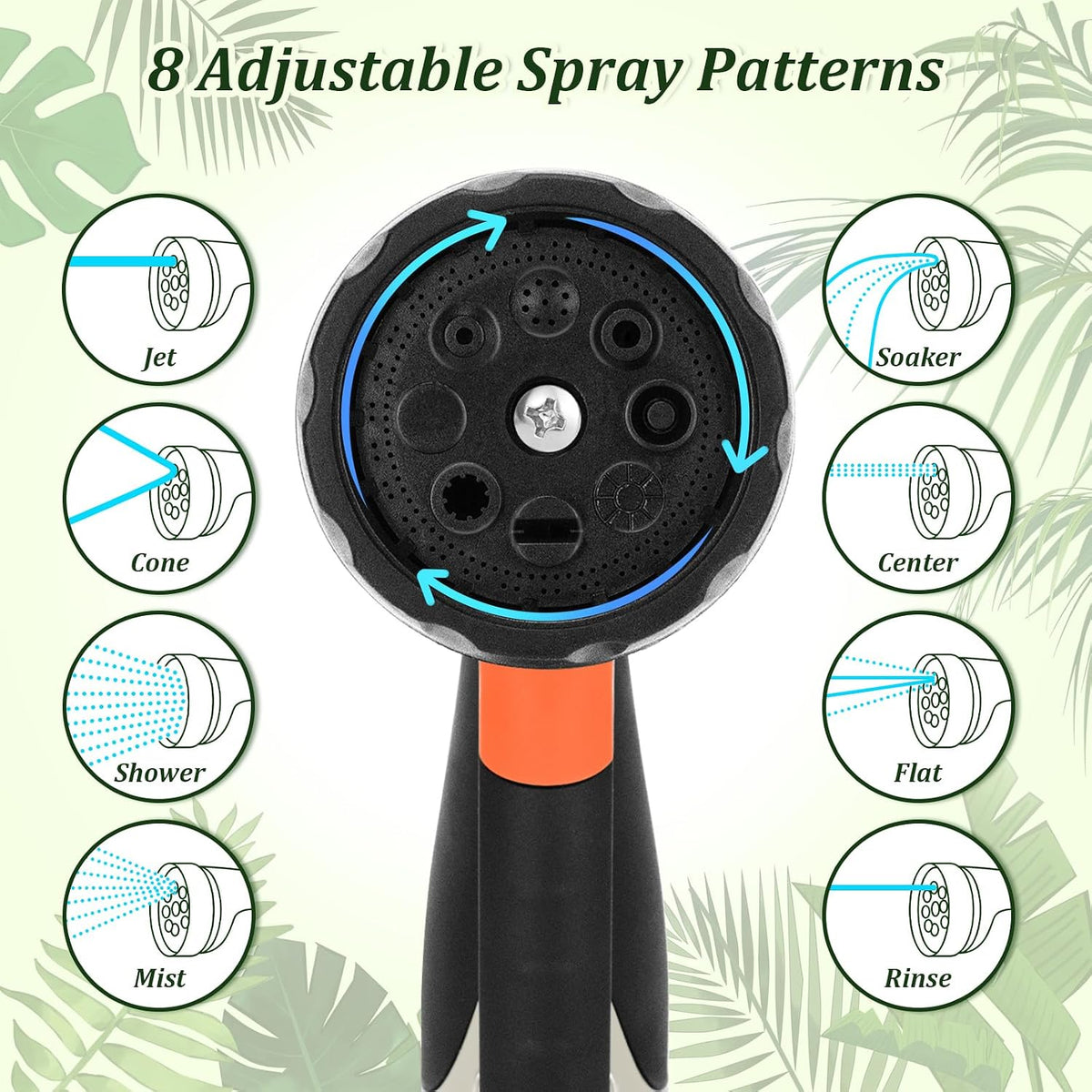 Garden Hose Nozzle, Heavy Duty Metal Water Nozzle with 8 Adjustable Spray Patterns, High Pressure Ergonomic Flow Control for Watering Plants, Lawns, Washing Cars, Pets, Black with Orange