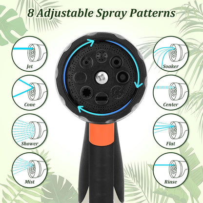 Garden Hose Nozzle, Heavy Duty Metal Water Nozzle with 8 Adjustable Spray Patterns, High Pressure Ergonomic Flow Control for Watering Plants, Lawns, Washing Cars, Pets, Black with Orange