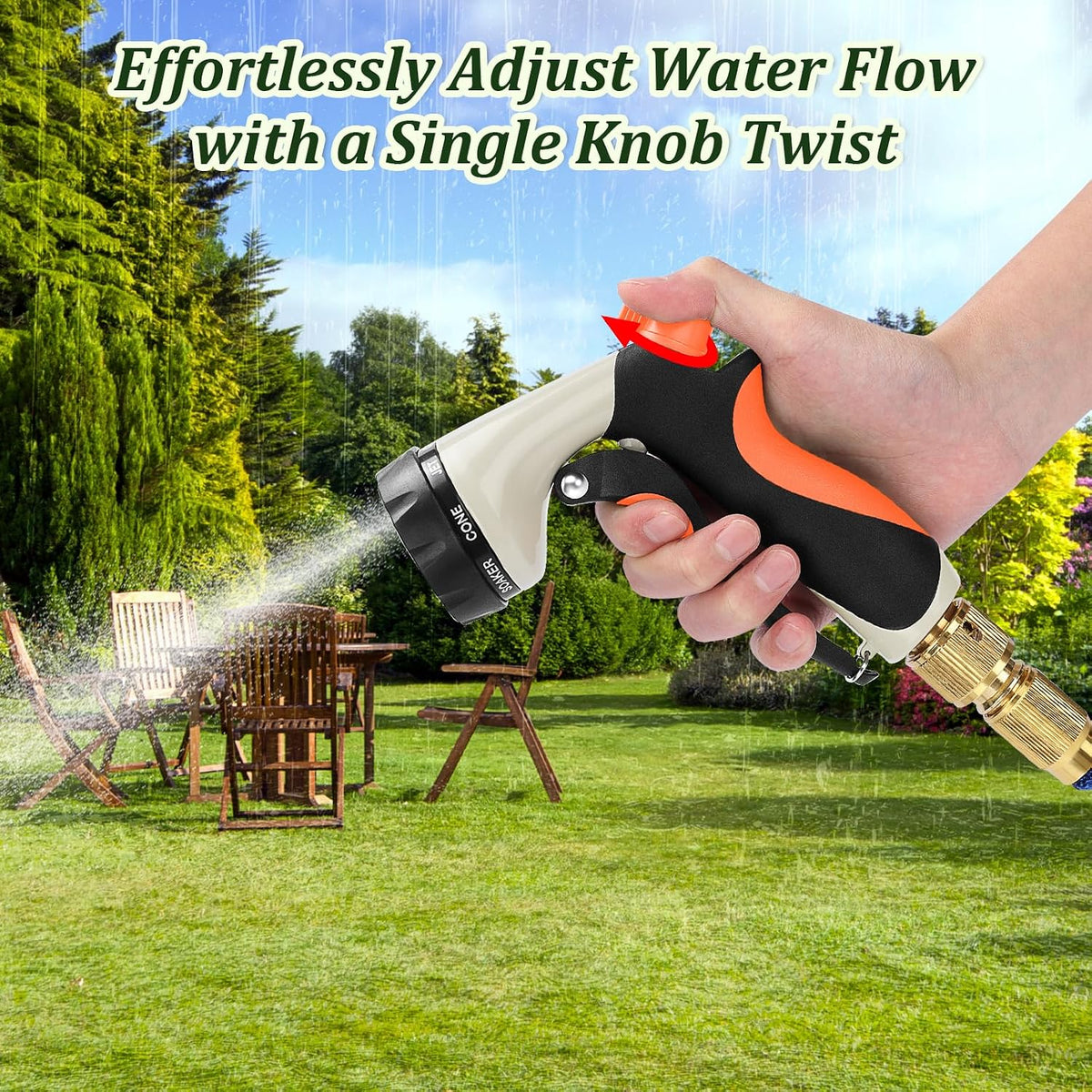 Garden Hose Nozzle, Heavy Duty Metal Water Nozzle with 8 Adjustable Spray Patterns, High Pressure Ergonomic Flow Control for Watering Plants, Lawns, Washing Cars, Pets, Black with Orange
