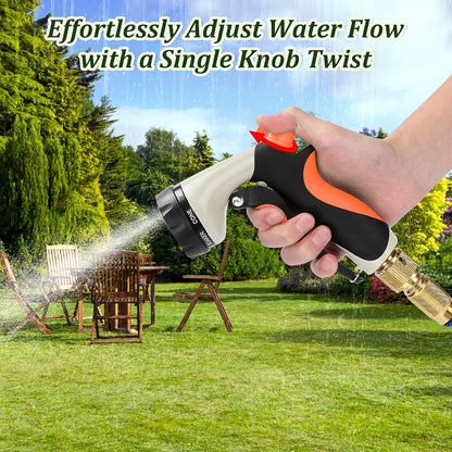 Garden Hose Nozzle, Heavy Duty Metal Water Nozzle with 8 Adjustable Spray Patterns, High Pressure Ergonomic Flow Control for Watering Plants, Lawns, Washing Cars, Pets, Black with Orange