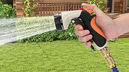 Garden Hose Nozzle, Heavy Duty Metal Water Nozzle with 8 Adjustable Spray Patterns, High Pressure Ergonomic Flow Control for Watering Plants, Lawns, Washing Cars, Pets, Black with Orange