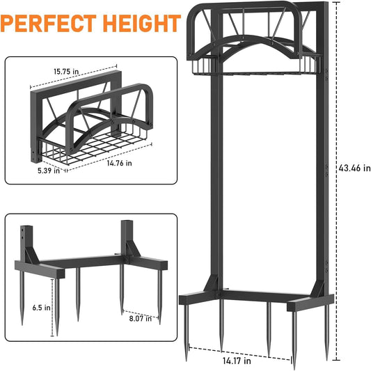 Garden Hose Holder, Upgraded Heavy Duty Freestanding Water Hose Holder Stand with Storage Basket, Holds Up to 160 FT Hose, Perfect for Outside Yard Lawn Farm, Black