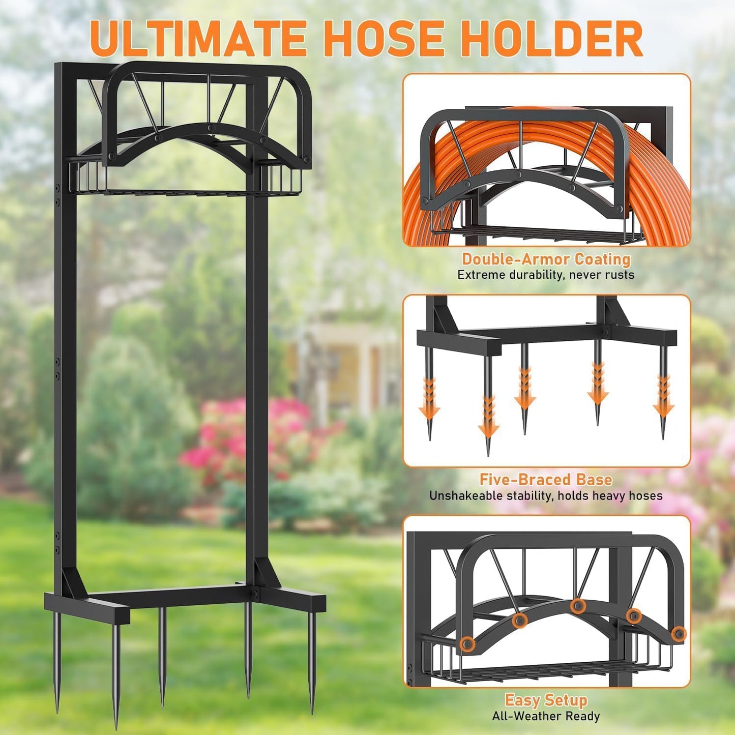 Garden Hose Holder, Upgraded Heavy Duty Freestanding Water Hose Holder Stand with Storage Basket, Holds Up to 160 FT Hose, Perfect for Outside Yard Lawn Farm, Black