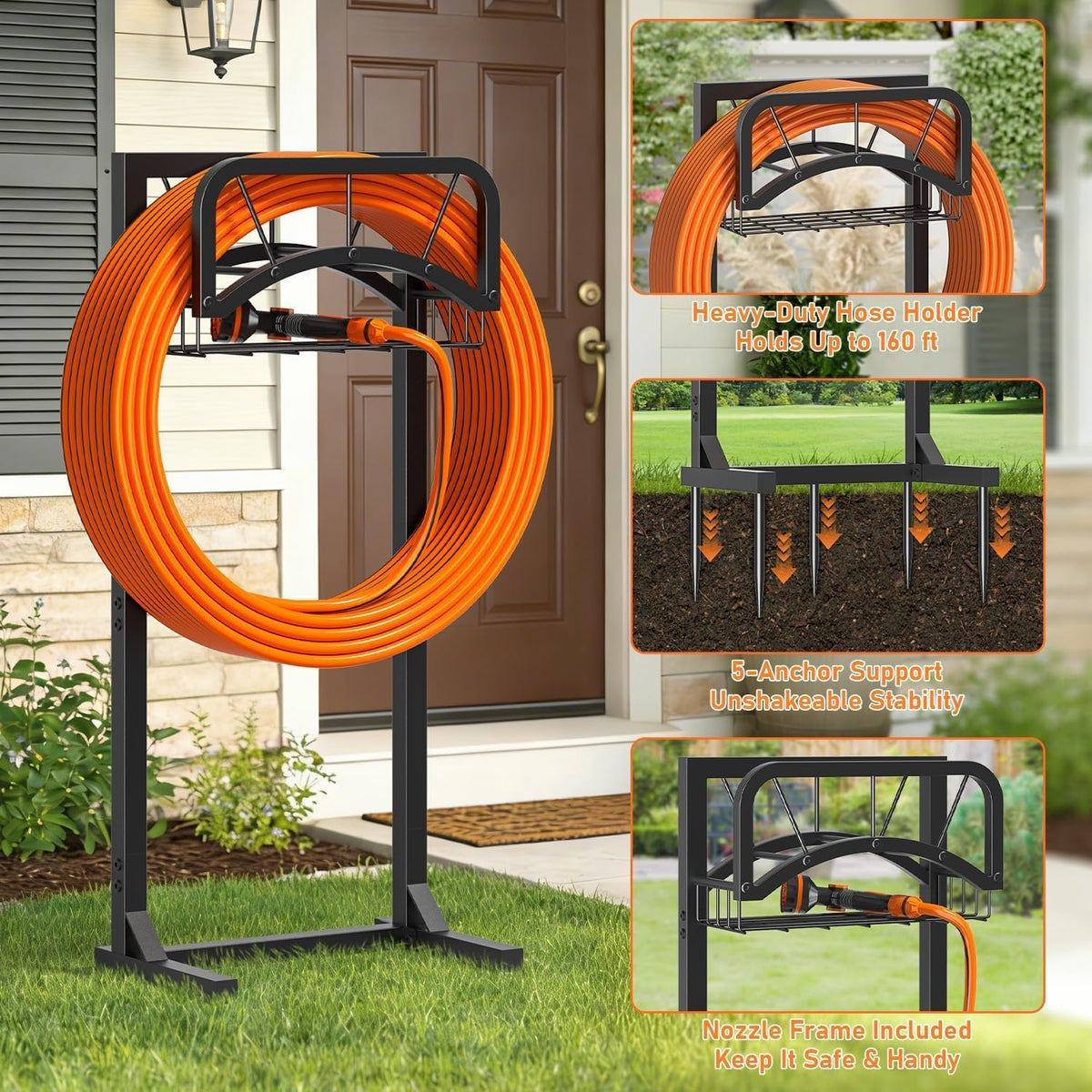Garden Hose Holder, Upgraded Heavy Duty Freestanding Water Hose Holder Stand with Storage Basket, Holds Up to 160 FT Hose, Perfect for Outside Yard Lawn Farm, Black