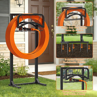 Garden Hose Holder, Upgraded Heavy Duty Freestanding Water Hose Holder Stand with Storage Basket, Holds Up to 160 FT Hose, Perfect for Outside Yard Lawn Farm, Black