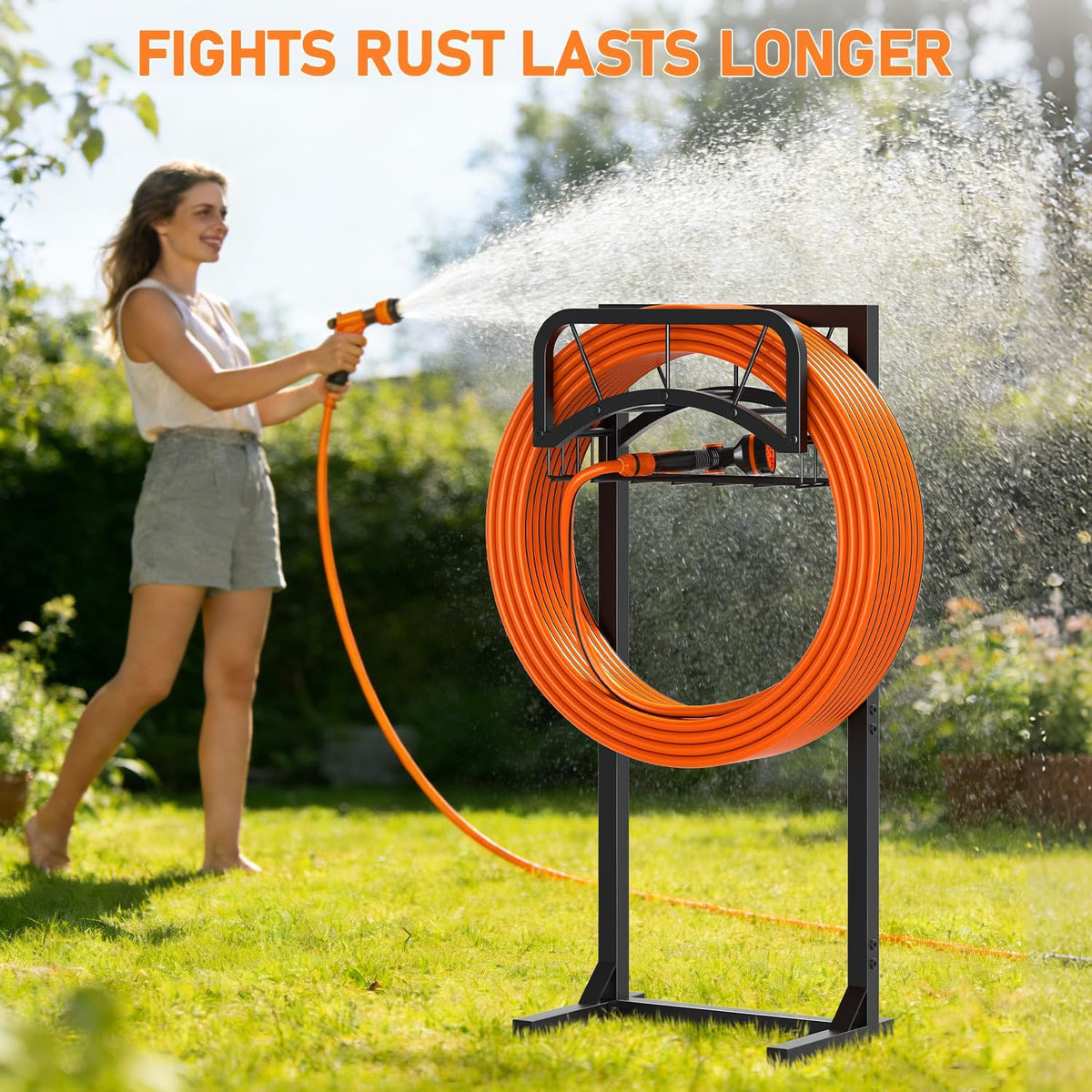 Garden Hose Holder, Upgraded Heavy Duty Freestanding Water Hose Holder Stand with Storage Basket, Holds Up to 160 FT Hose, Perfect for Outside Yard Lawn Farm, Black