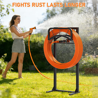 Garden Hose Holder, Upgraded Heavy Duty Freestanding Water Hose Holder Stand with Storage Basket, Holds Up to 160 FT Hose, Perfect for Outside Yard Lawn Farm, Black