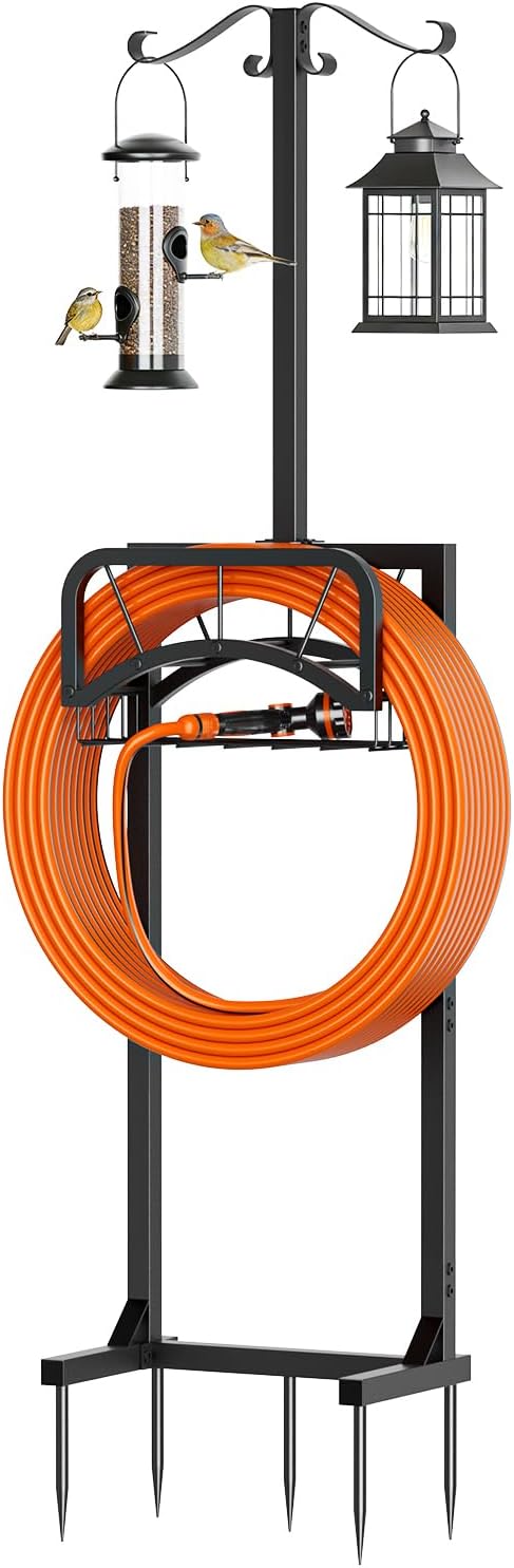 Garden Hose Holder, Upgraded Heavy Duty Freestanding Water Hose Holder Stand with Storage Basket, Holds Up to 160 FT Hose, Perfect for Outside Yard Lawn Farm, Black