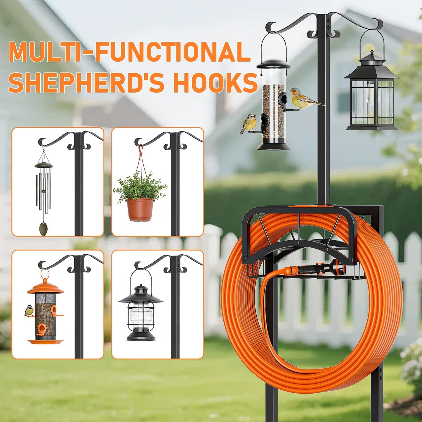 Garden Hose Holder, Upgraded Heavy Duty Freestanding Water Hose Holder Stand with Storage Basket, Holds Up to 160 FT Hose, Perfect for Outside Yard Lawn Farm, Black