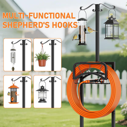 Garden Hose Holder, Upgraded Heavy Duty Freestanding Water Hose Holder Stand with Storage Basket, Holds Up to 160 FT Hose, Perfect for Outside Yard Lawn Farm, Black