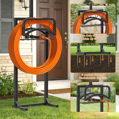 Garden Hose Holder, Upgraded Heavy Duty Freestanding Water Hose Holder Stand with Storage Basket, Holds Up to 160 FT Hose, Perfect for Outside Yard Lawn Farm, Black