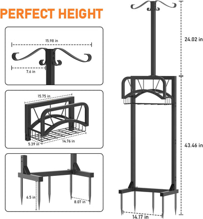 Garden Hose Holder, Upgraded Heavy Duty Freestanding Water Hose Holder Stand with Storage Basket, Holds Up to 160 FT Hose, Perfect for Outside Yard Lawn Farm, Black