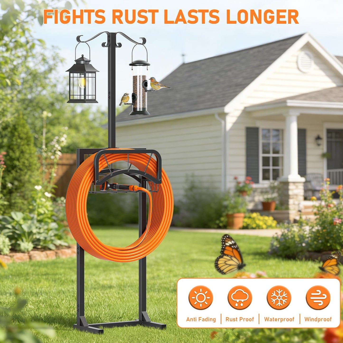 Garden Hose Holder, Upgraded Heavy Duty Freestanding Water Hose Holder Stand with Storage Basket, Holds Up to 160 FT Hose, Perfect for Outside Yard Lawn Farm, Black