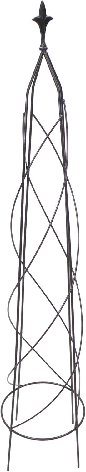 Small Nostell Obelisk, 51.5" Black Metal Garden Trellis with Fleur-de-Lis Finial, Spiral Rod Plant Support Tower for Climbing Vines, Outdoor Steel for Gardens & Pots