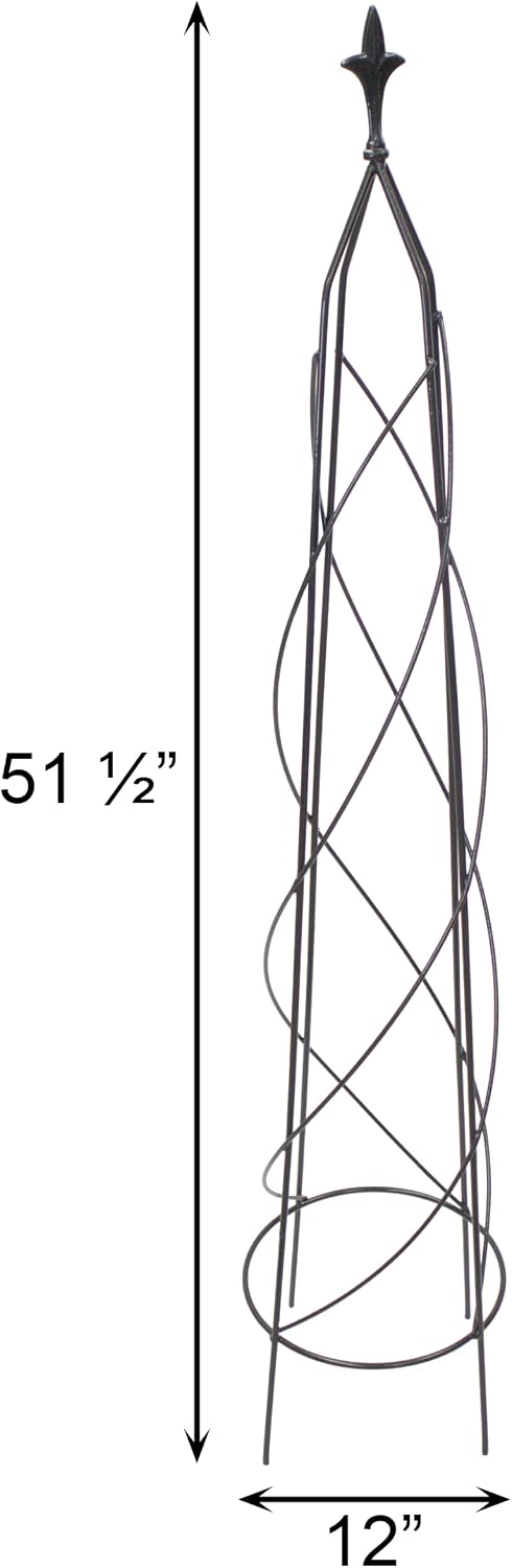 Small Nostell Obelisk, 51.5" Black Metal Garden Trellis with Fleur-de-Lis Finial, Spiral Rod Plant Support Tower for Climbing Vines, Outdoor Steel for Gardens & Pots
