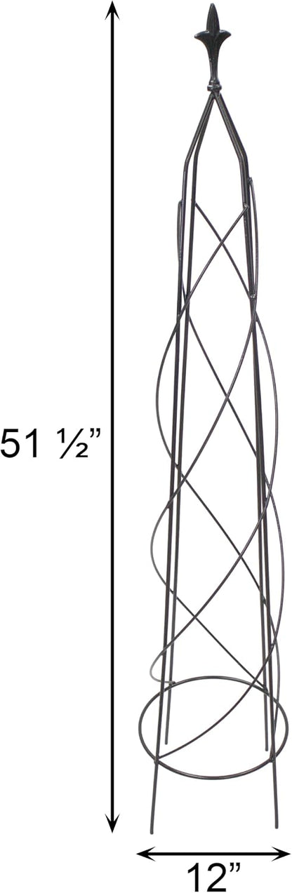 Small Nostell Obelisk, 51.5" Black Metal Garden Trellis with Fleur-de-Lis Finial, Spiral Rod Plant Support Tower for Climbing Vines, Outdoor Steel for Gardens & Pots