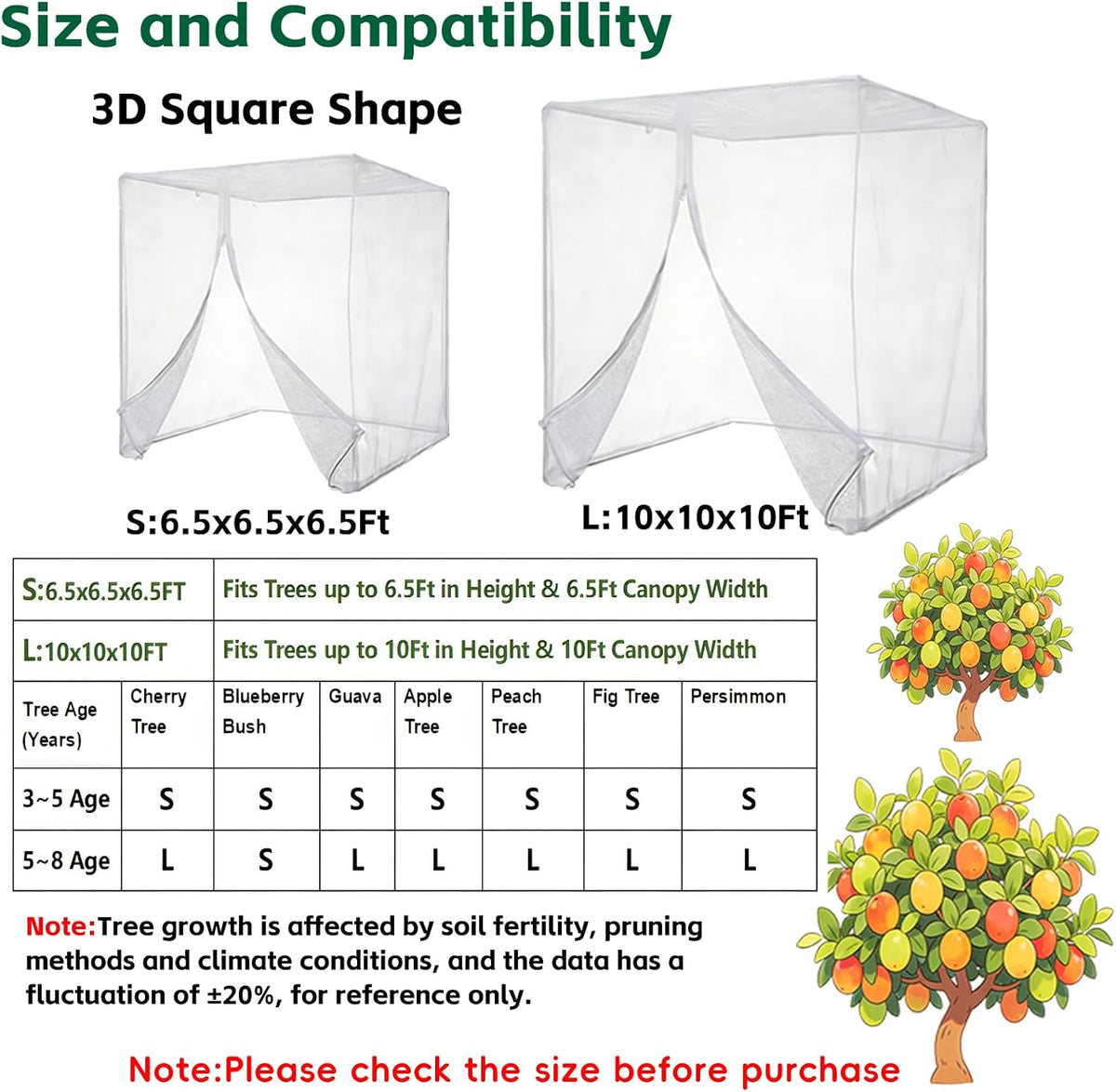 6.5x6.5x6.5Ft Fruit Tree Netting Cover Zipper Drawstring Garden Pest Mesh