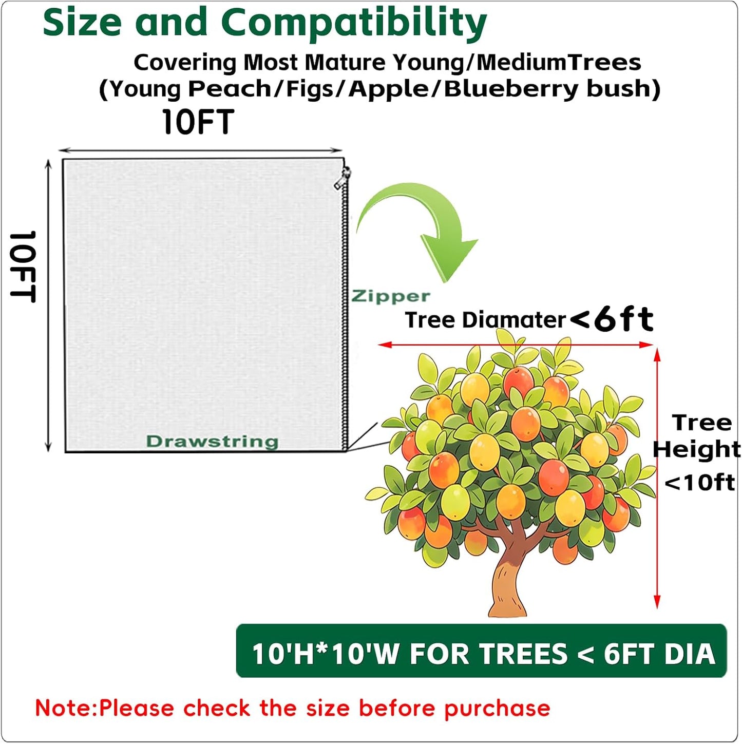 6.5x6.5x6.5Ft Fruit Tree Netting Cover Zipper Drawstring Garden Pest Mesh