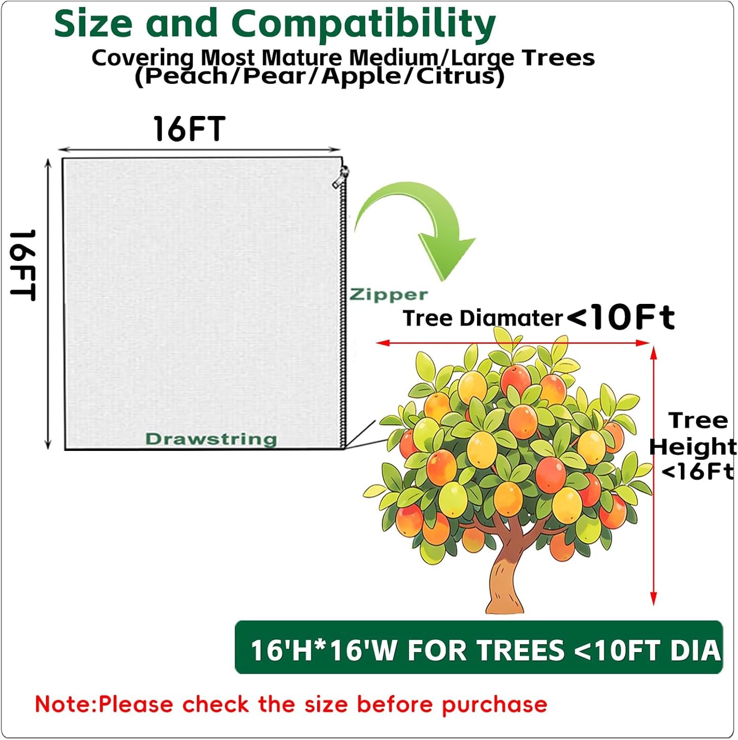 6.5x6.5x6.5Ft Fruit Tree Netting Cover Zipper Drawstring Garden Pest Mesh