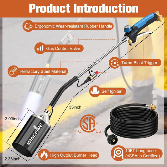 Propane Torch Weed Burner Kit,Heavy Duty High Output Blow Torch with 1 lb Propane Cylinder Adapter & 10FT Hose,Flamethrower with Turbo Trigger for Weeding,Roofing,Ice Melting,Road Marking(33")