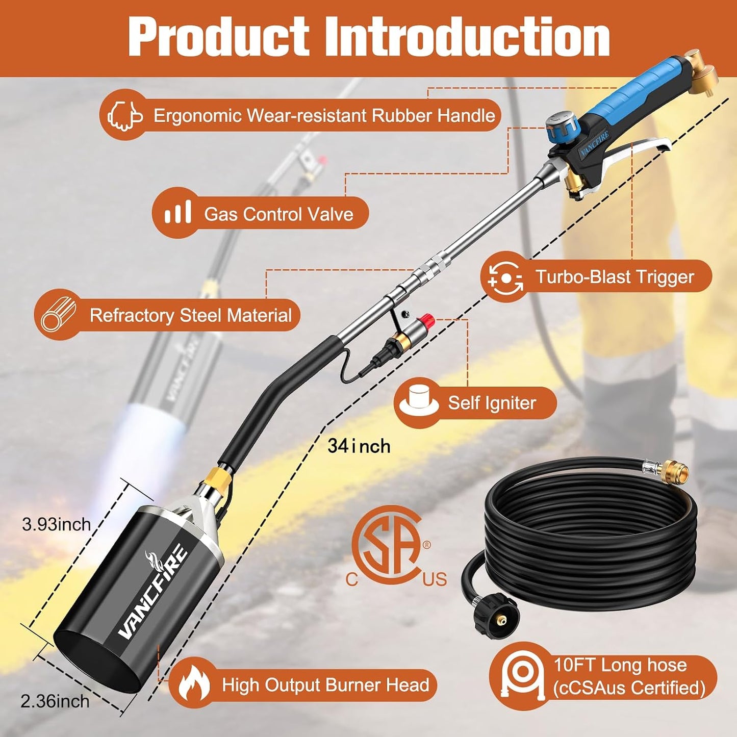 Propane Torch Weed Burner Kit,Heavy Duty High Output Blow Torch with 1 lb Propane Cylinder Adapter & 10FT Hose,Flamethrower with Turbo Trigger for Weeding,Roofing,Ice Melting,Road Marking(33")