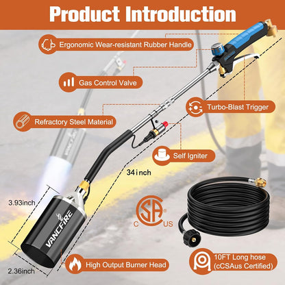 Propane Torch Weed Burner Kit,Heavy Duty High Output Blow Torch with 1 lb Propane Cylinder Adapter & 10FT Hose,Flamethrower with Turbo Trigger for Weeding,Roofing,Ice Melting,Road Marking(33")