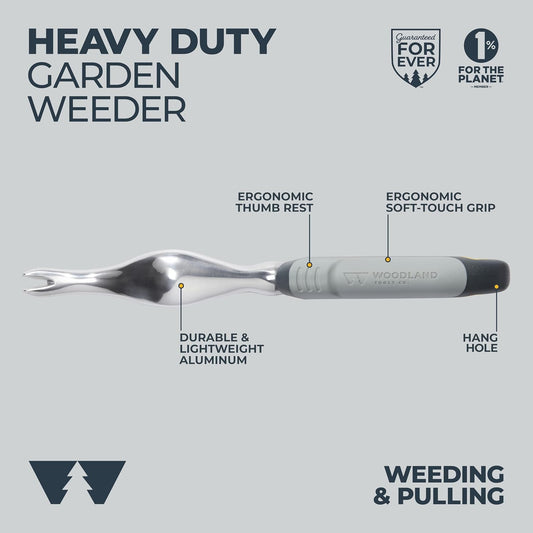 Woodland Tools Heavy Duty Garden Weeder – Manual Weed Puller Tool with Anodized Aluminum Blade & Ergonomic Grip – Root Remover for Dandelions, Thistles, & Taproots – Lawn & Flower Bed Weeding Tool