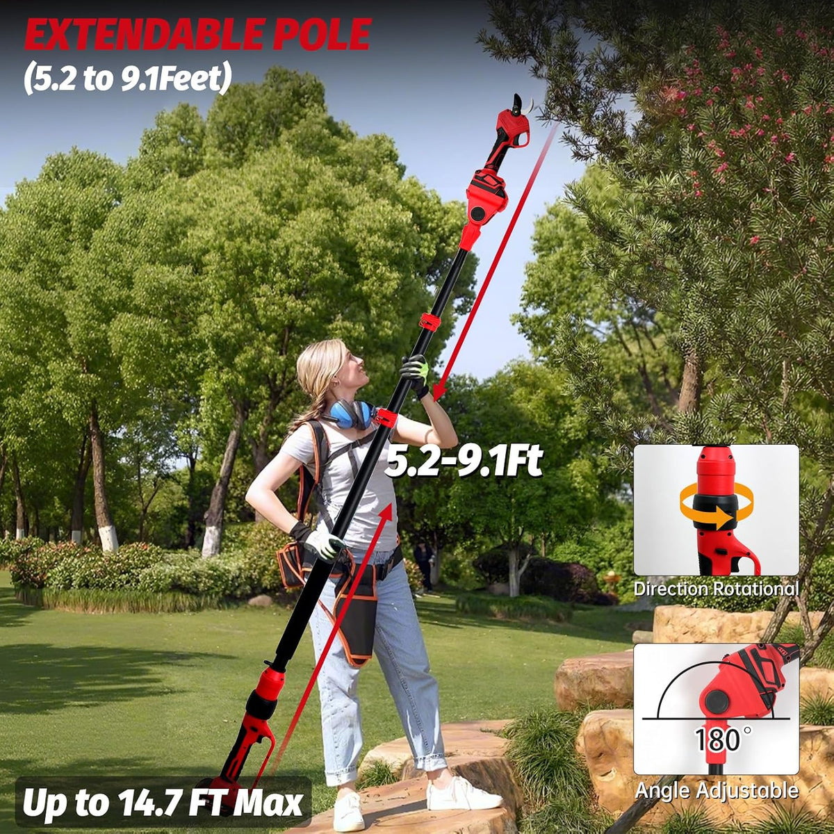 2-in-1 Electric Pruning Shears Cordless for DeWALT 20V MAX Battery, Electric Power Pruner Max 1.5" Cutting Diameter 14.7FT Reach w/Extension Pole, Brushless Tree Pruner for Branch Trimming(Tool Only)