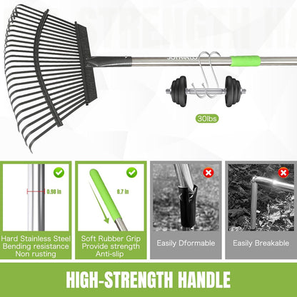 Adjustable 65 Inch Long 18 Inch Wide Garden Rake, 25 Tines Metal