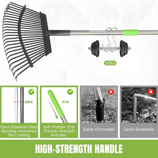 Adjustable 65 Inch Long 18 Inch Wide Garden Rake, 25 Tines Metal