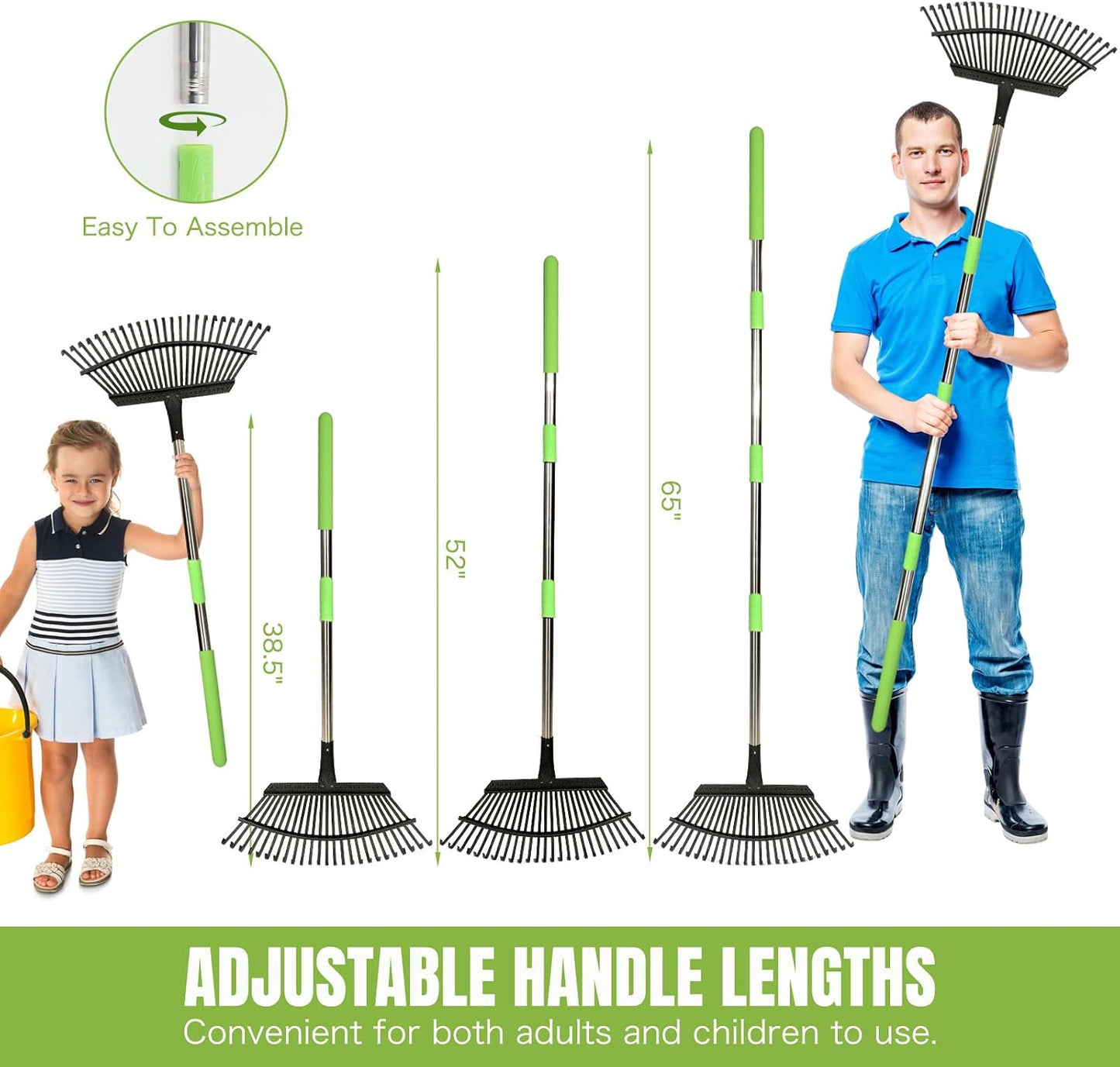 Adjustable 65 Inch Long 18 Inch Wide Garden Rake, 25 Tines Metal