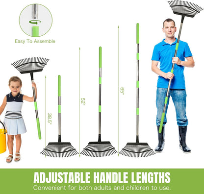 Adjustable 65 Inch Long 18 Inch Wide Garden Rake, 25 Tines Metal
