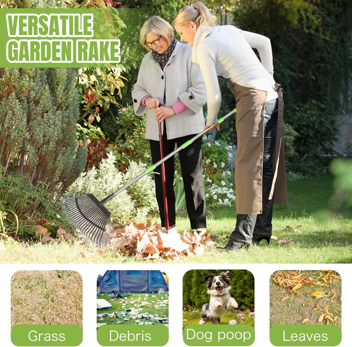 Adjustable 65 Inch Long 18 Inch Wide Garden Rake, 25 Tines Metal