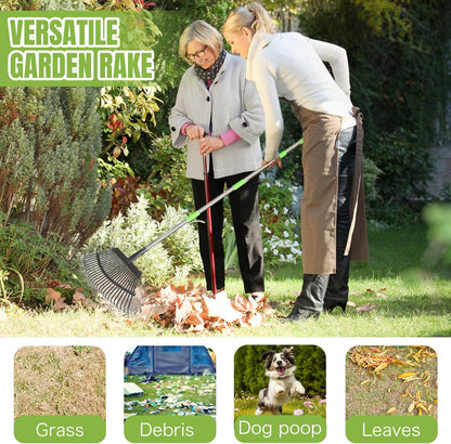 Adjustable 65 Inch Long 18 Inch Wide Garden Rake, 25 Tines Metal