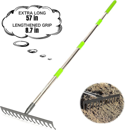 Adjustable 65 Inch Long 18 Inch Wide Garden Rake, 25 Tines Metal
