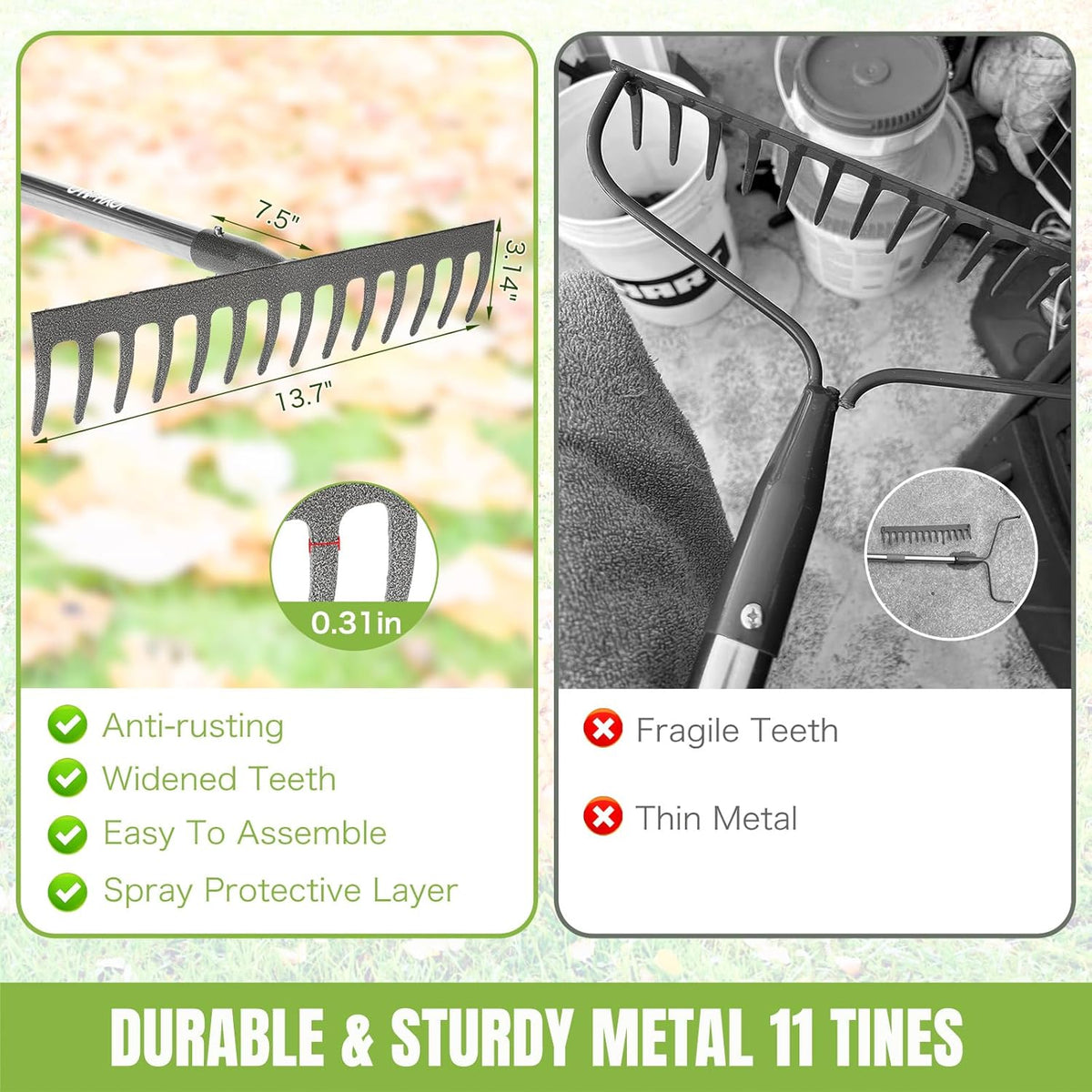Adjustable 65 Inch Long 18 Inch Wide Garden Rake, 25 Tines Metal