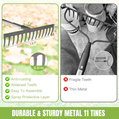 Adjustable 65 Inch Long 18 Inch Wide Garden Rake, 25 Tines Metal